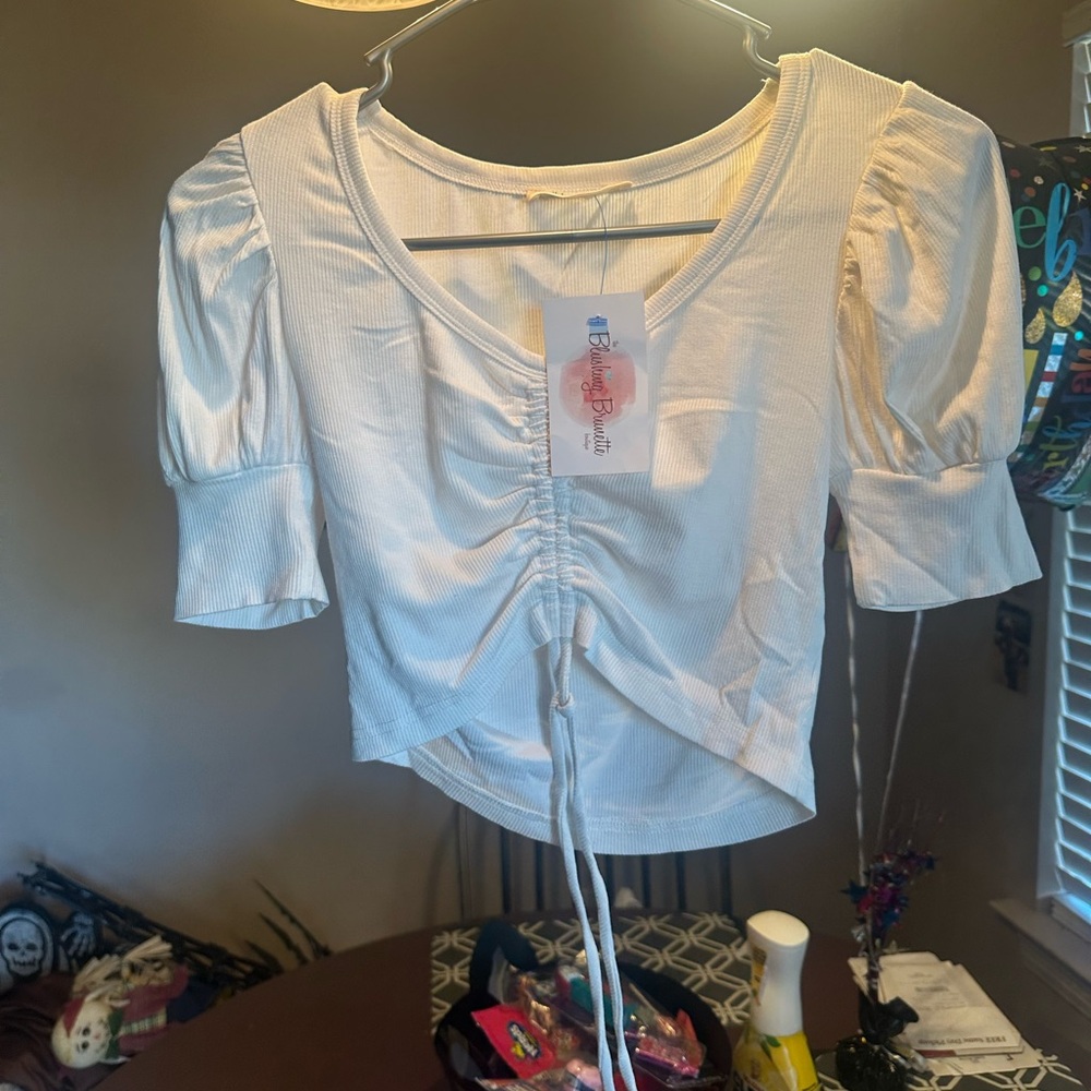 Chic Cream Ruched Crop Top - Picture 4 of 5